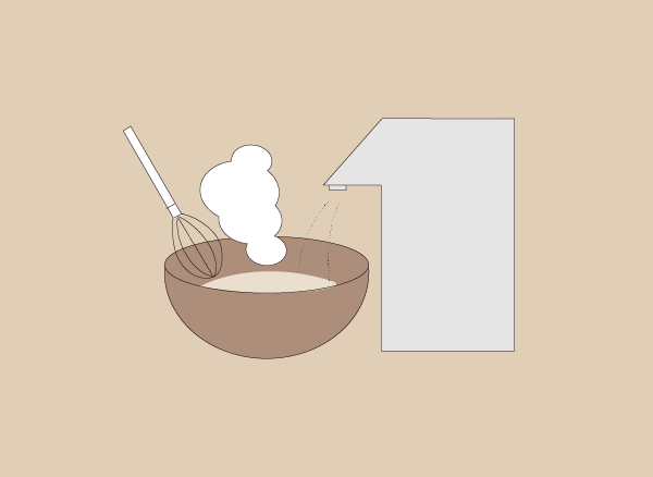 お湯350cc（90度以上）を加え、泡立て器でよくかき混ぜて溶かします。